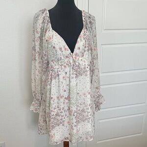 Francesca's Collections Cream Floral Puff-Sleeve Mini Dress